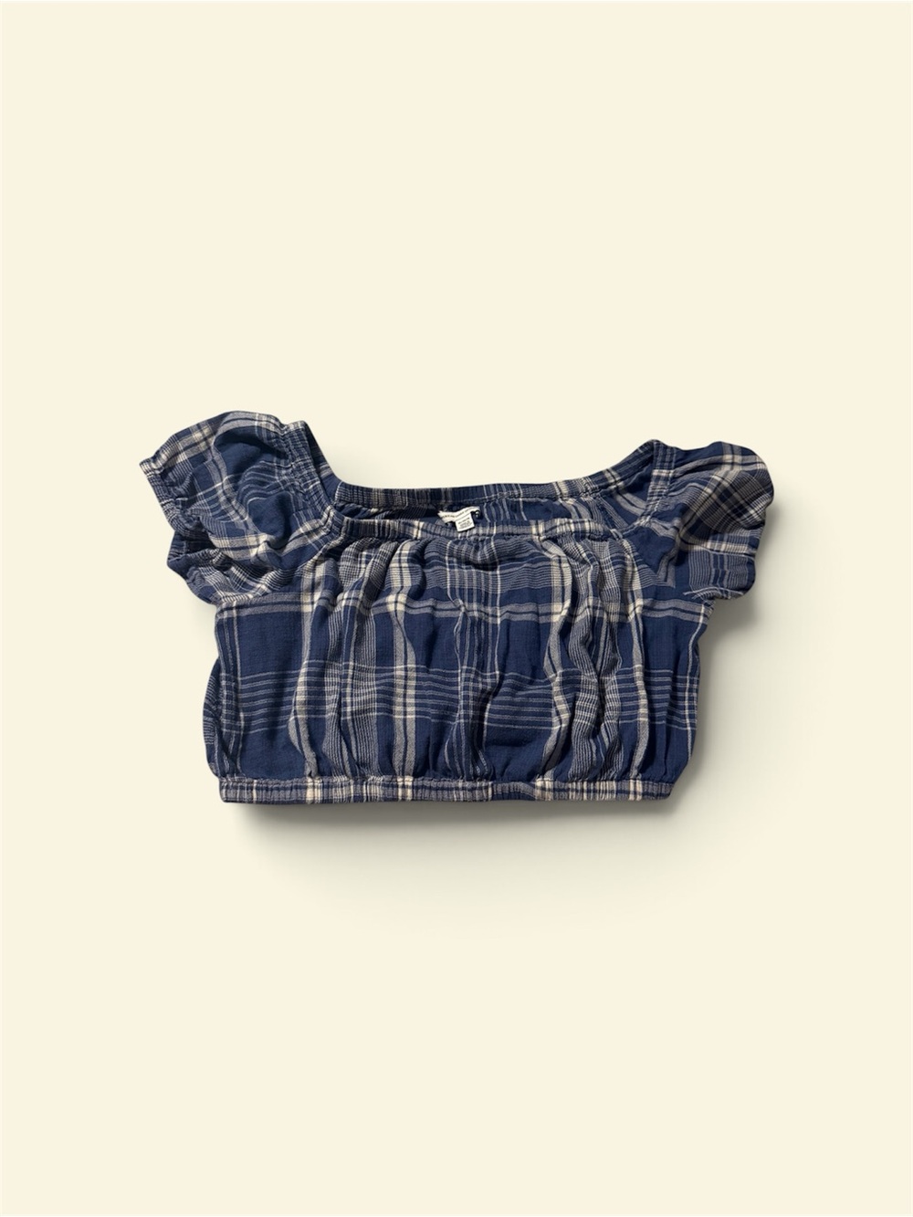American Eagle Outfitters Blue Plaid Off-Shoulder Crop Top